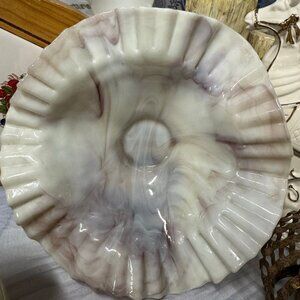 Fluted ruffled and crimped, vintage slag, glass, white and purple